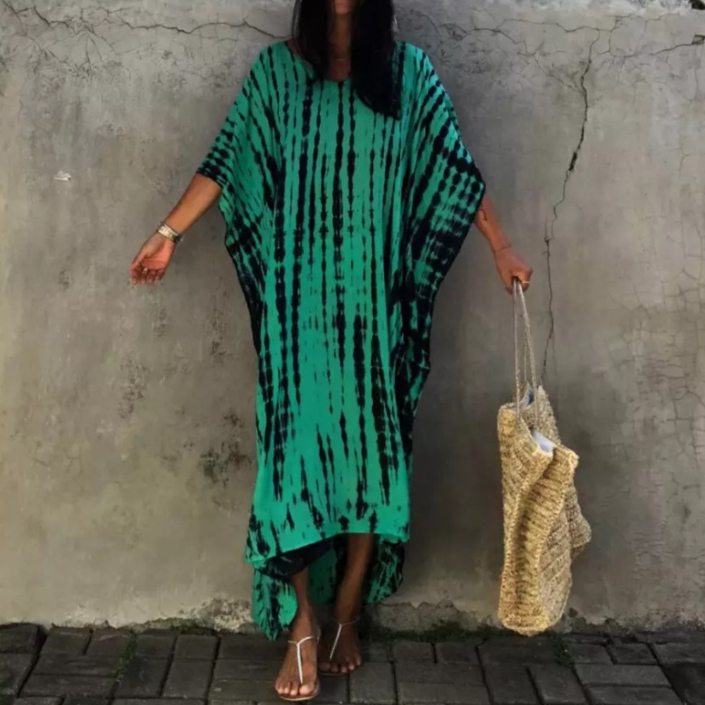 Emerald Green Bohemian Tie Dye Kaftan Kimono Dress - Picture 2 of 5